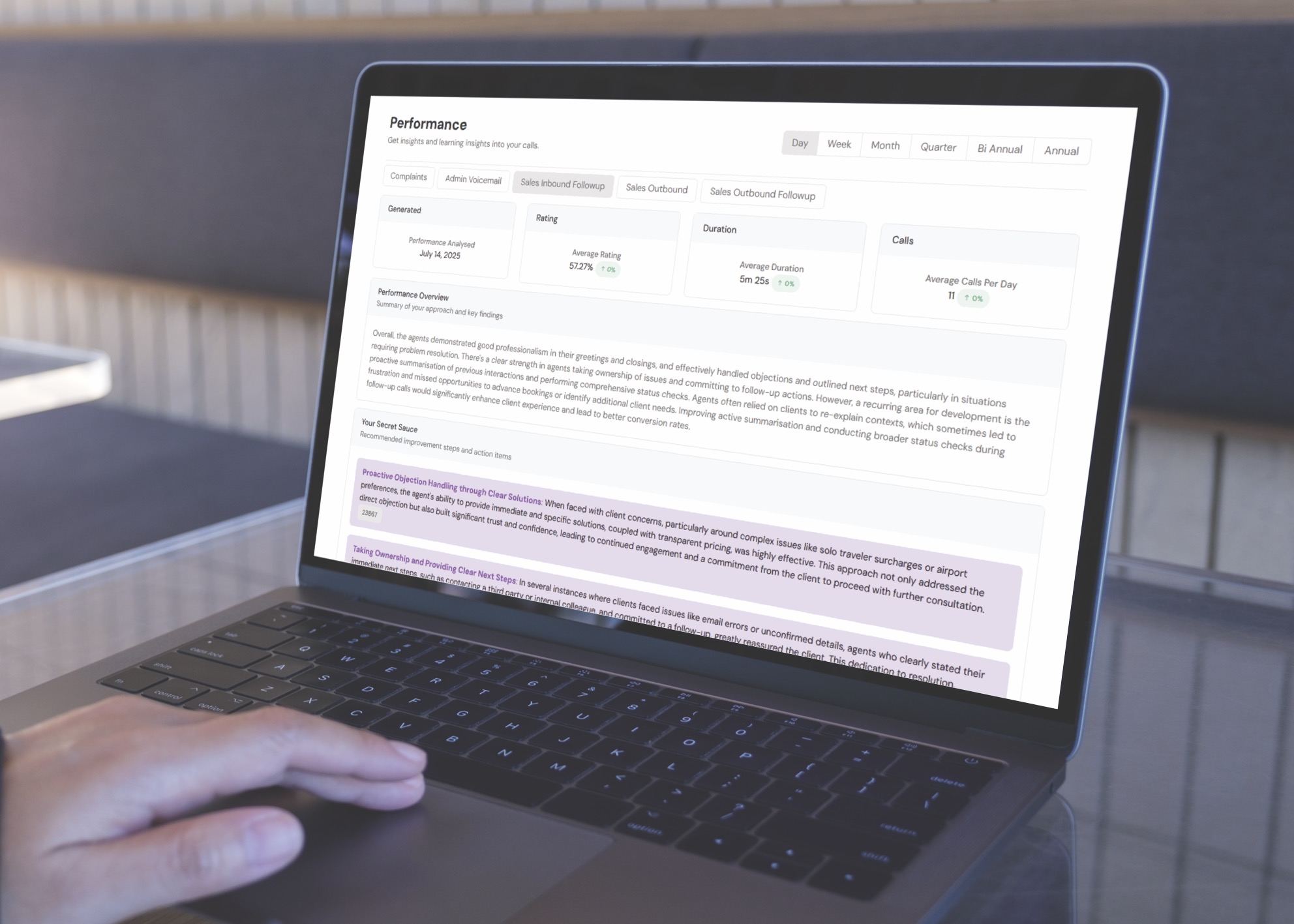Sense performance overview displayed on a laptop