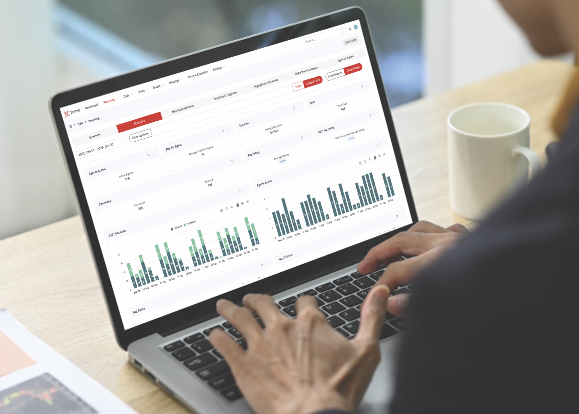 Sense calls reporting statistics displayed on a laptop