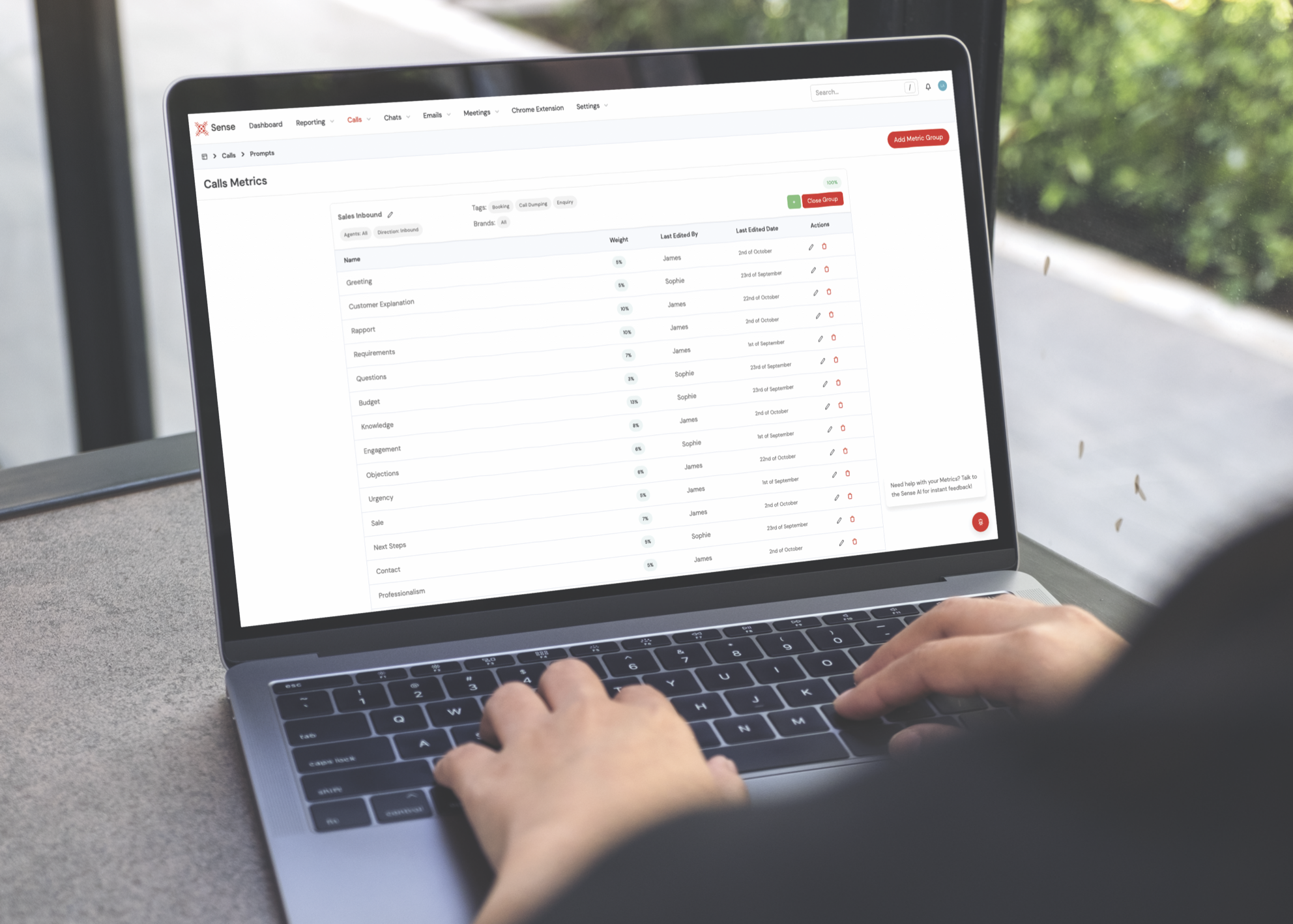 Sense calls metrics displayed on a laptop